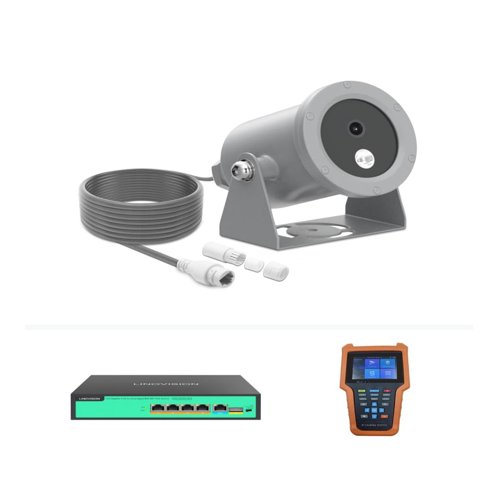 LINOVISION 4K Ultra HD Underwater Camera with Anti-Corrosion Coating, POE Camera with Intuitive Web GUI and Mobile APP, Comes with 4 Port POE Switch and Handheld Terminal (10 Meters Underwater Cable)