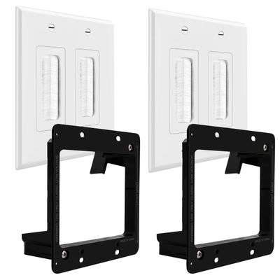 TOPGREENER Bristled Brush Wall Plate with Mounting Brackets, Pass-Through Wall Plate for Low Voltage Cables, Mid-Size 2-Gang 4.88" x 4.92", Polycarbonate Thermoplastic, TG8892MB-2PCS, White, 2 pack