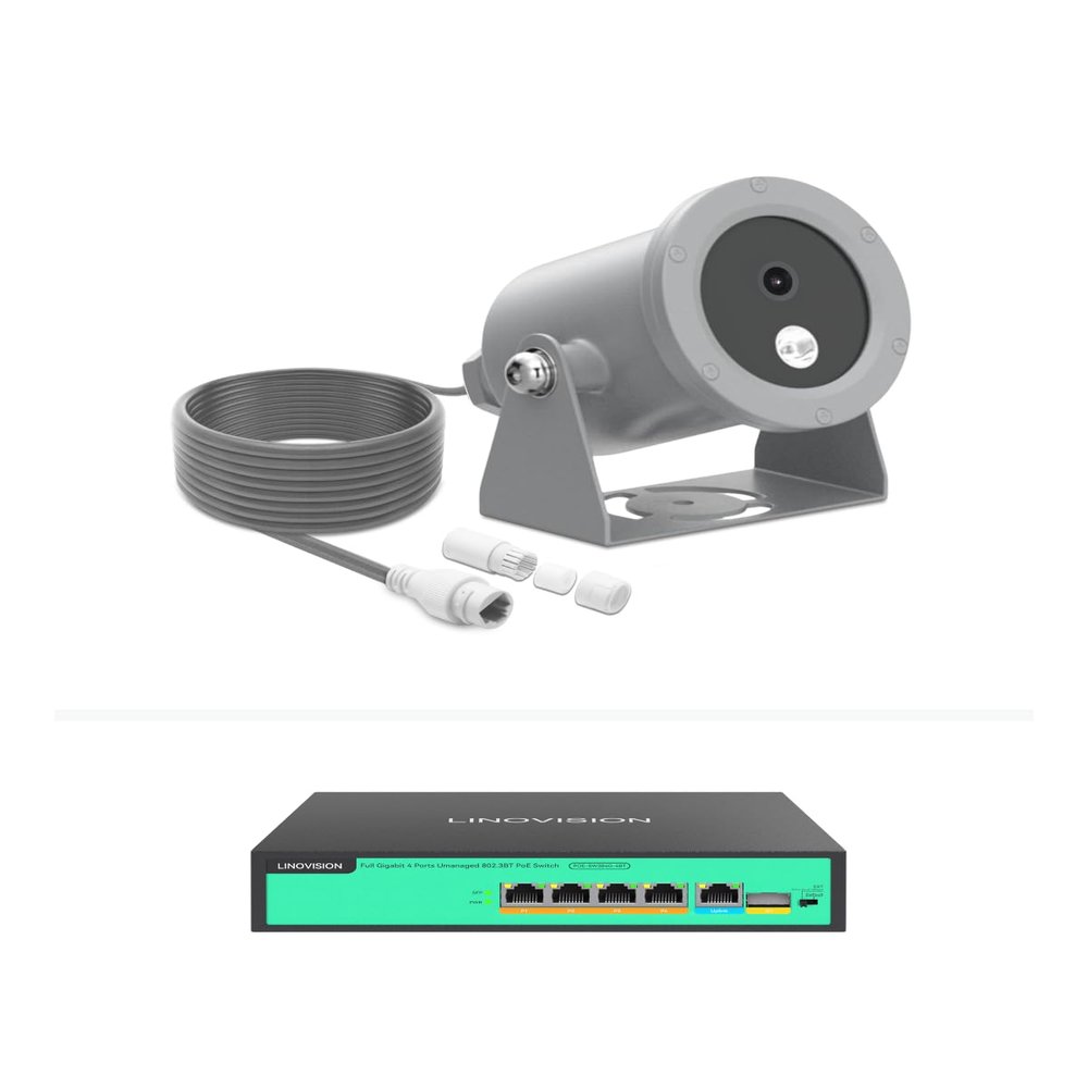 LINOVISION 4K Ultra HD Underwater Camera with Anti-Corrosion Coating, POE Powered Network Camera with Intuitive Web GUI and Mobile APP, Comes with 4 Port POE Switch (30 Meters Underwater Cable)