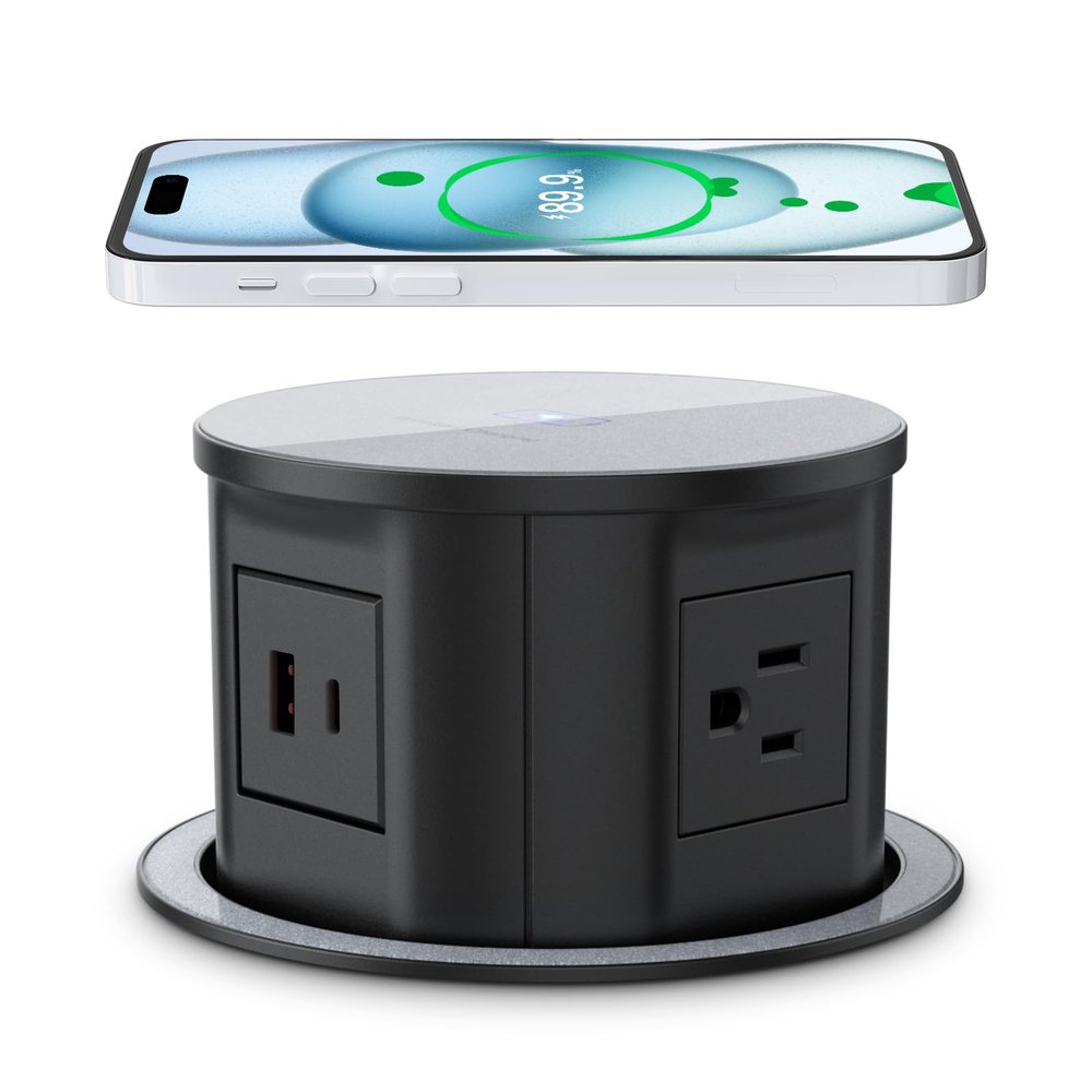ANNQUAN 4.7inch Pop Up Outlet for Countertop with 15W Wireless Charger,4 Outlet,1 USB-C,1 USB-A,Pop Up Power Outlet for Table Workbench Nightstand