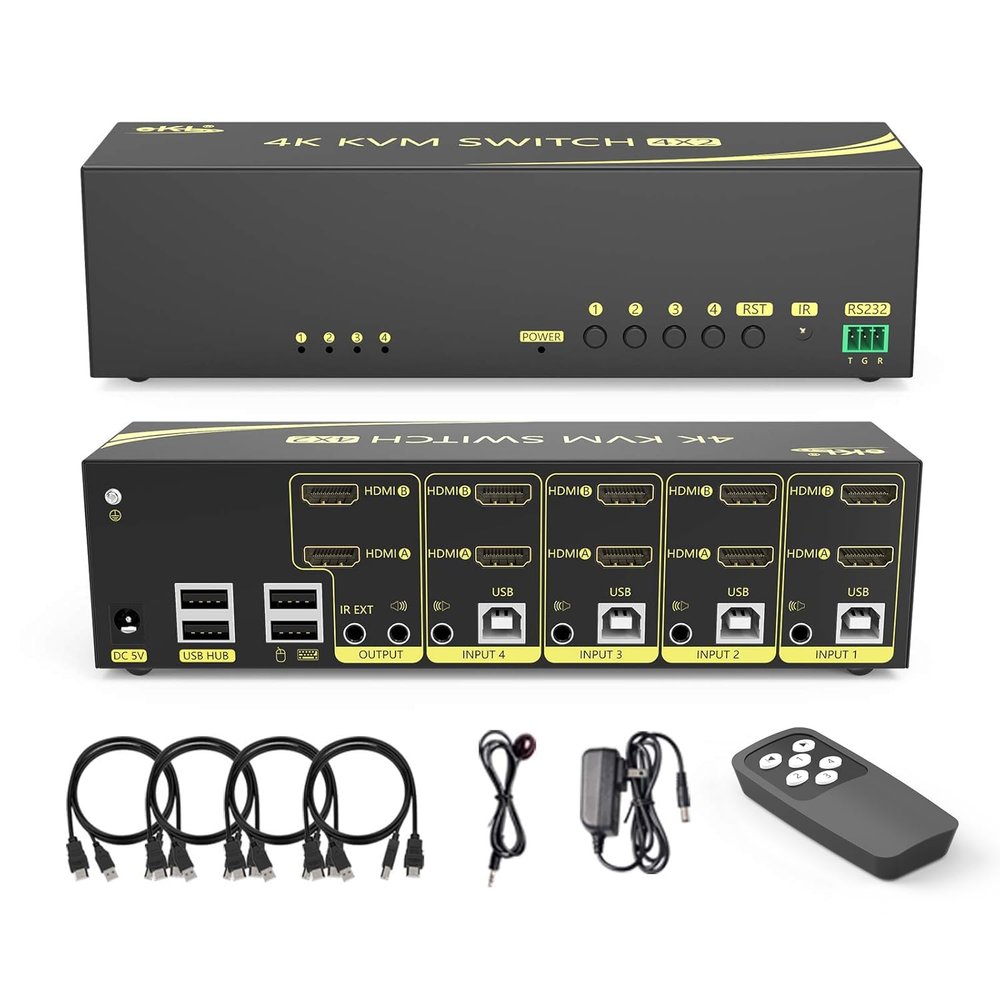 eKL HDMI KVM Switch 4 in 2 Out Dual Monitor Extended Display 4K@60Hz 4:4:4 with Audio and USB 2.0 Hub Sharing PC Monitor Keyboard Mouse Switcher