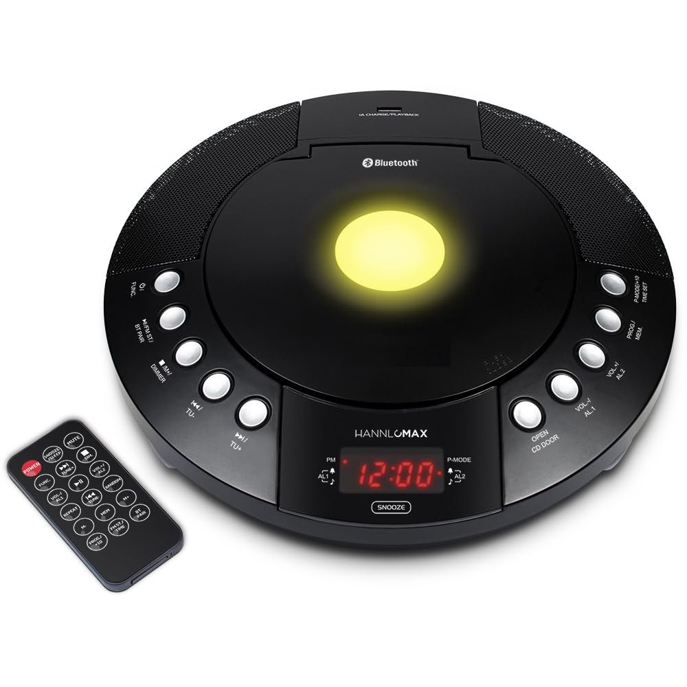 HANNLOMAX HX-330CD CD Player, FM Radio, Bluetooth, Alarm Clock, Red LED Display, USB Port for Charging and MP3 Playback, Aux-in, Remote Control Included, AC Operation only. (Black)