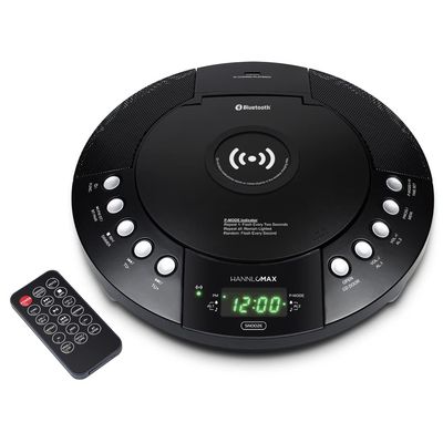 HANNLOMAX HX-329CD CD Player with Wireless Charging, FM Radio, Bluetooth, Digital Clock with Dual Alarm, Green LED Display, USB Port for Charging/MP3 Playback, Aux-in, Remote Control.