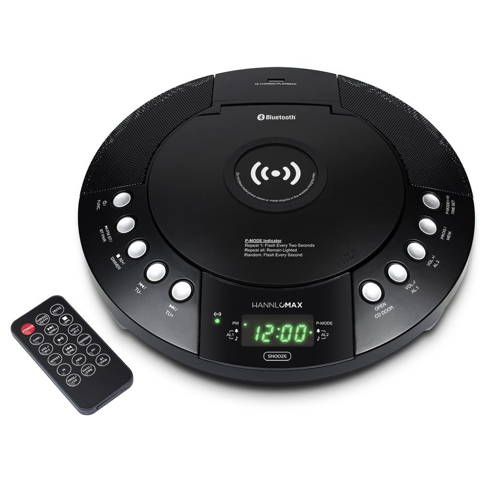 HANNLOMAX HX-329CD CD Player with Wireless Charging, FM Radio, Bluetooth, Digital Clock with Dual Alarm, Green LED Display, USB Port for Charging/MP3 Playback, Aux-in, Remote Control.