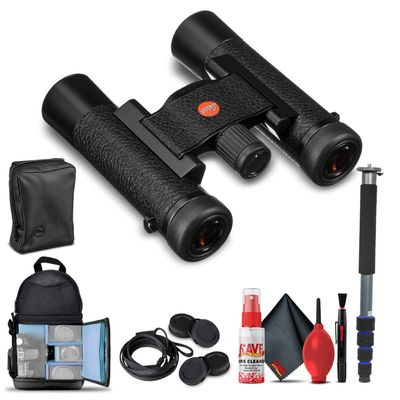 Leica 10x25 Ultravid Blackline Binoculars (Black with Black Leather) (40607) + Backpack + Full Size Monopod + Cleaning Set + 2 x Cap Keeper + Neck Strap