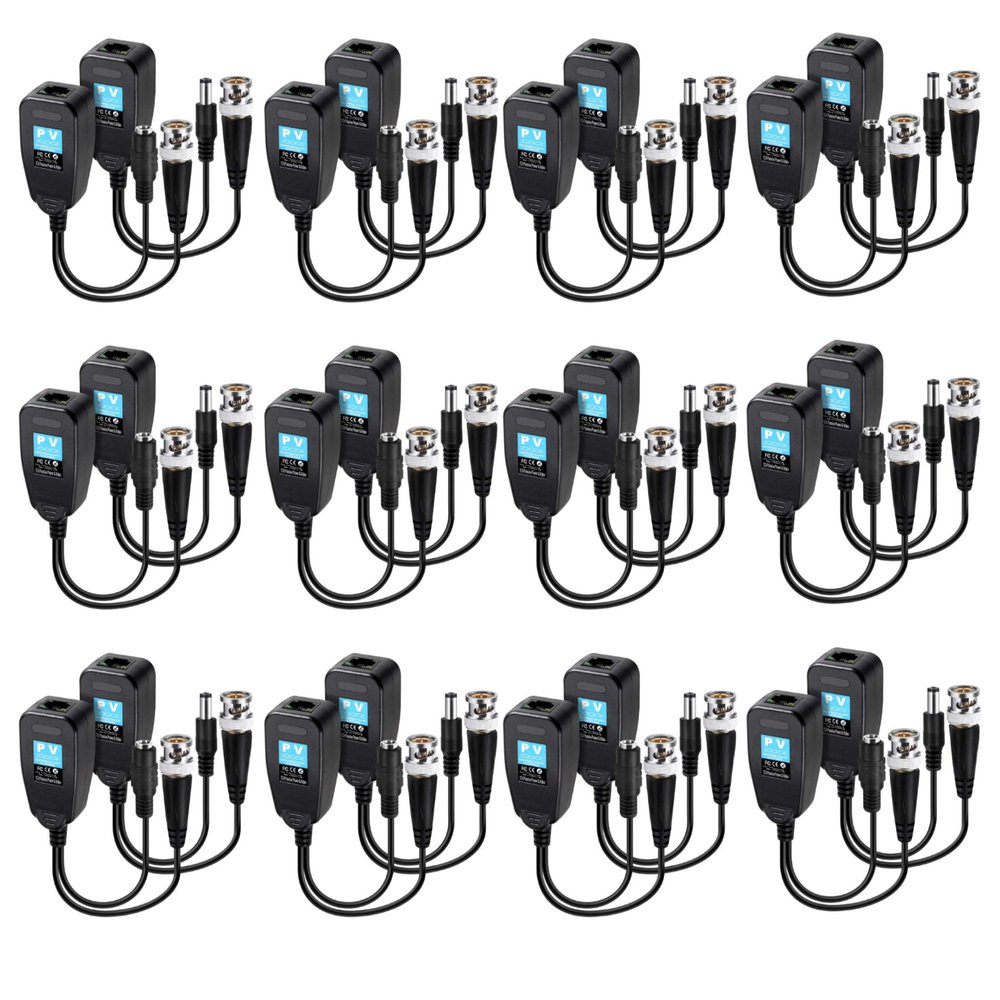 DeguangXin Passive Video Balun 12 Pairs HD-CVI/TVI/AHD Passive Video Balun with Power Connector and RJ45 CAT5 Data Transmitter BNC Twisted Pair