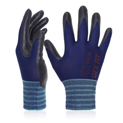 DEX FIT Premium Nylon Work Gloves FN320 - Firm Nitrile Grip, 3D-Comfort Stretchy Fit, Thin & Lightweight, Protective & Durable, Breathable, Machine Washable; Navy 9 (L) 3 Pairs
