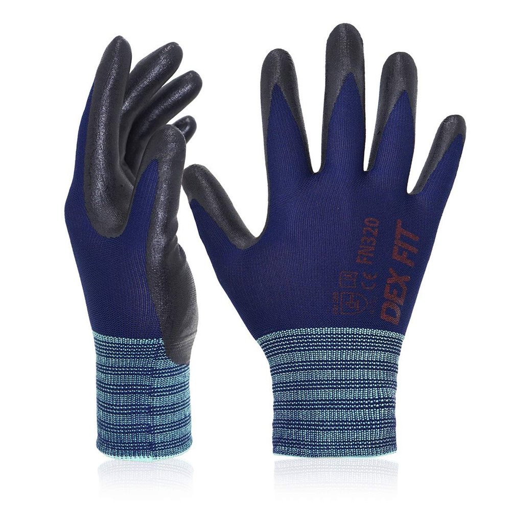 DEX FIT Premium Nylon Work Gloves FN320 - Firm Nitrile Grip, 3D-Comfort Stretchy Fit, Thin & Lightweight, Protective & Durable, Breathable, Machine Washable; Navy 9 (L) 3 Pairs
