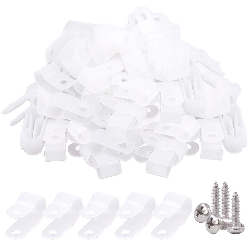 Glarks 120Pcs 3/8 Inch White Nylon Screw Mounting R-Type Cable Clip Wire Clamp with 120Pcs Screws for Wire, Cable, Conduit and Cable Conduit Kit White