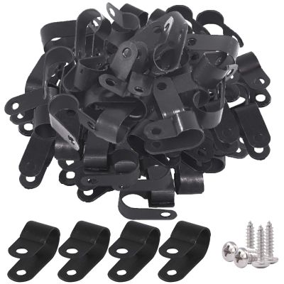Glarks 120Pcs 3/8 Inch Black Nylon Screw Mounting R-Type Cable Clip Wire Clamp with 120Pcs Screws for Wire, Cable, Conduit and Cable Conduit Kit (Black)
