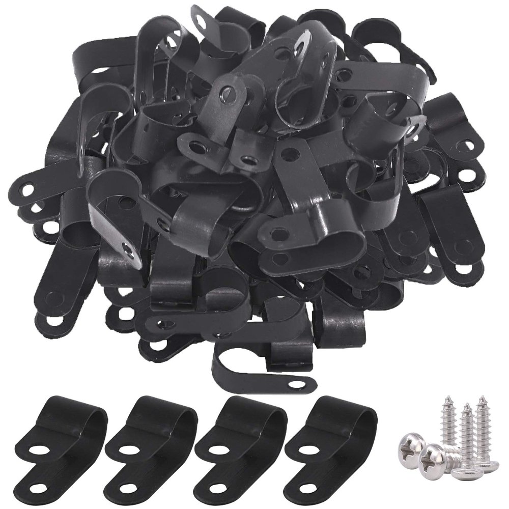 Glarks 120Pcs 3/8 Inch Black Nylon Screw Mounting R-Type Cable Clip Wire Clamp with 120Pcs Screws for Wire, Cable, Conduit and Cable Conduit Kit (Black)