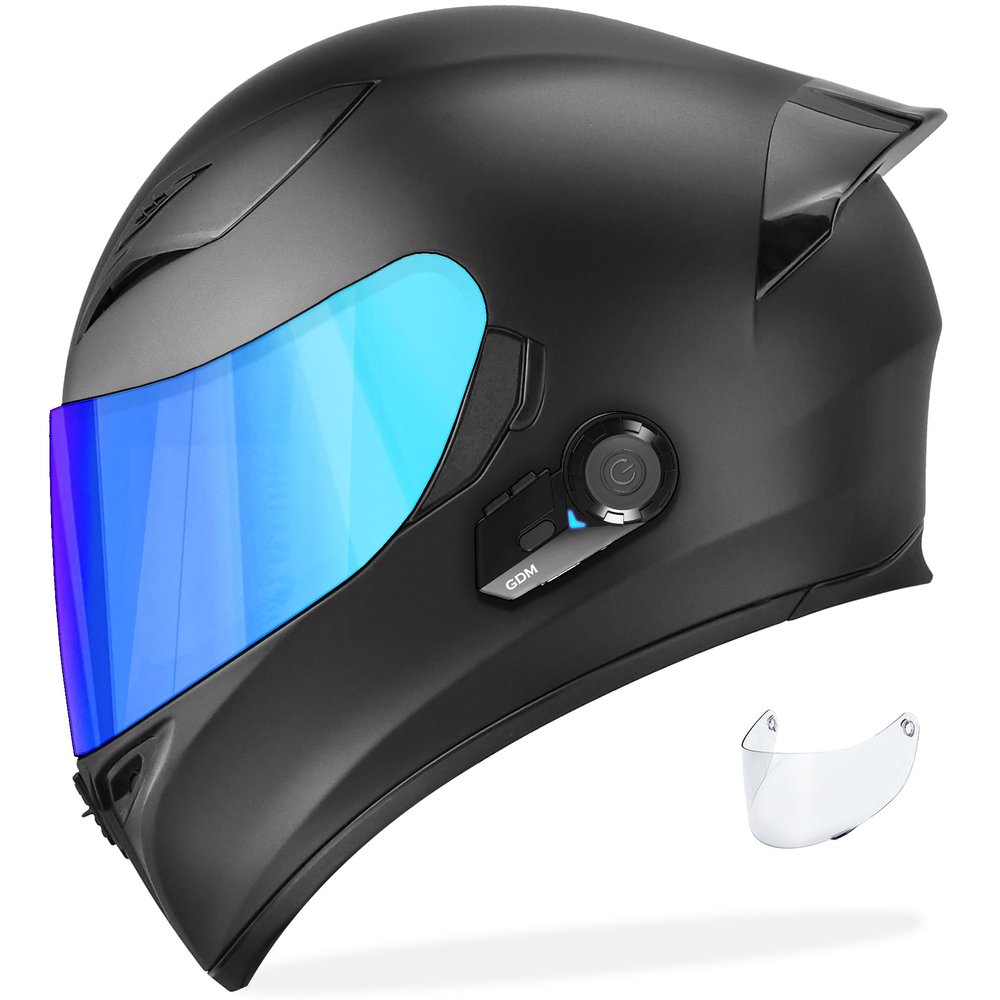 GDM Motorcycle Helmet with Bluetooth Headset - Large (Matte Black, with Clear & Iridium Shields)