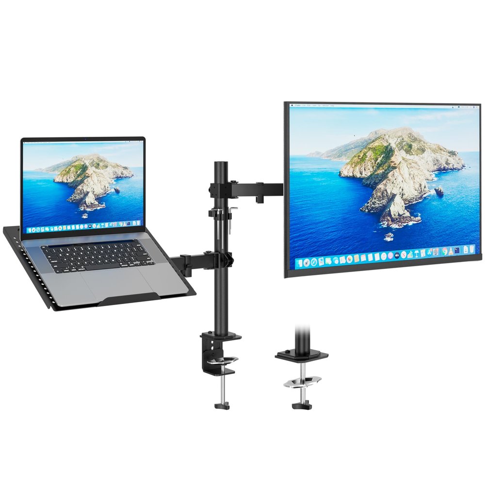 Redbat Monitor and Laptop Mount Stand, Fully Adjustable Monitor Arm with Vented Tray for 13" to 32" LCD Screens and Notebook up to 16", Holds up to 22lbs, VESA Compatible, Dual Mounting Options