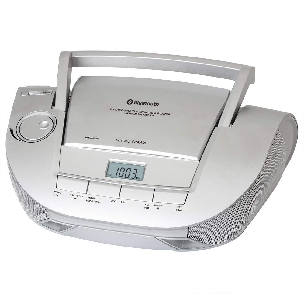 HANNLOMAX HX-328CD Portable CD Boombox with AM/FM Radio, Bluetooth, USB Port for MP3 Playback, Aux-in AC/DC Dual Power Source. (Silver)