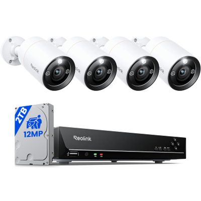 REOLINK 12MP Wired Security Camera System, 4pcs H.265 12 Megapixel UHD PoE Surveillance Cameras, Person Vehicle Pet Detection, Spotlight Color Night Vision, 8CH NVR with 2TB HDD, RLK8-1200B4-A