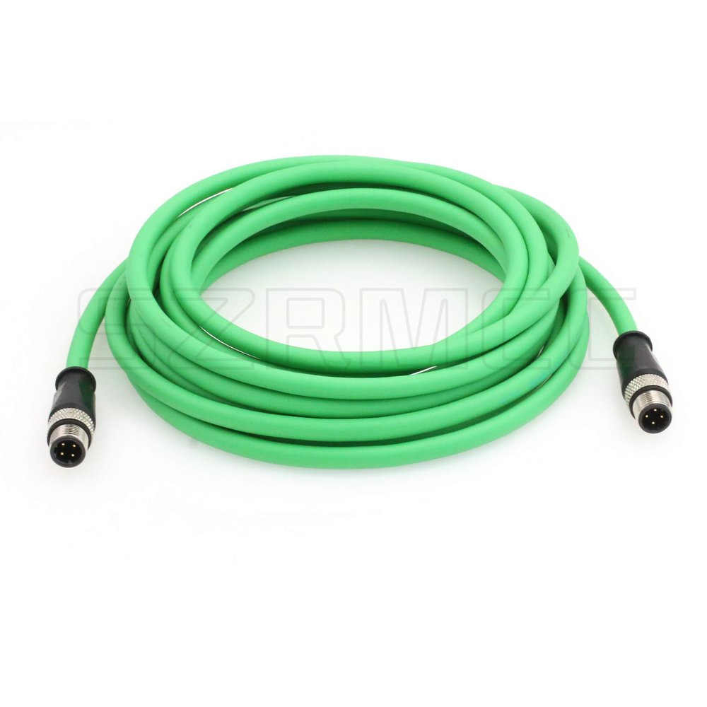 SZRMCC M12 D-Code 4 Pin Male to 4 Pin Male Ethernet Cable Cat5e High Flex Waterproof Network Cable for Industrial Camera Sensor Automation (5M,Green)