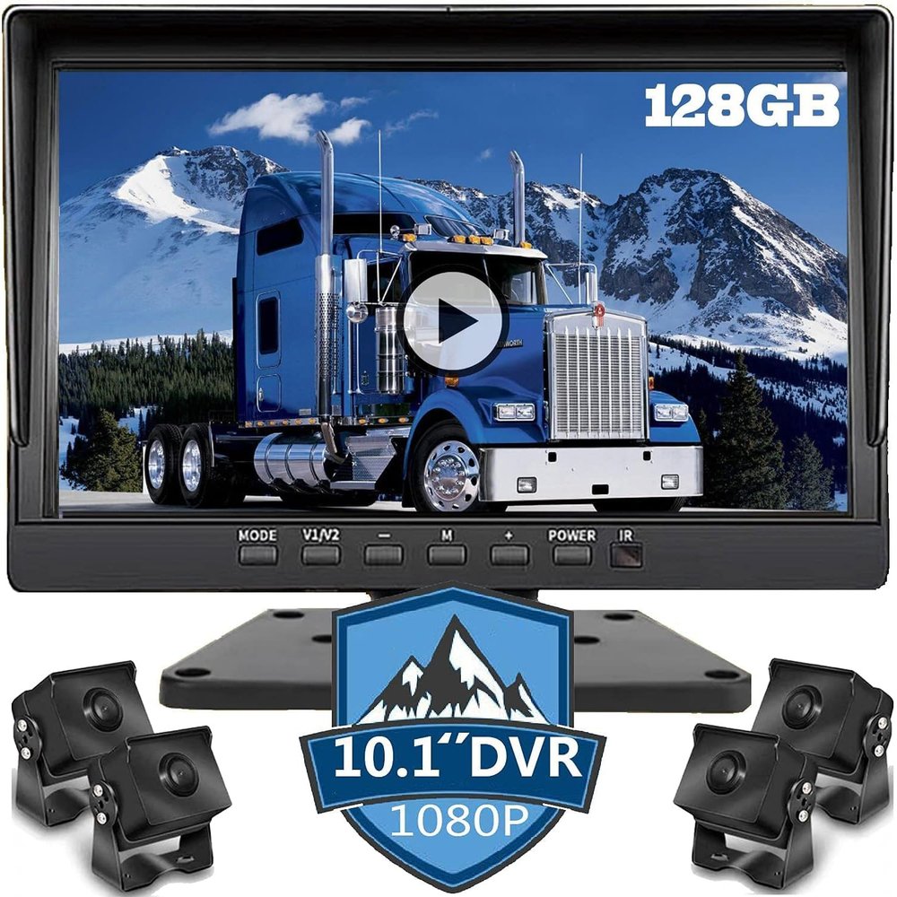 128GB 10.1" Audio Monitor Backup Camera Built-in DVR Dash Cam for RV Truck Trailer Rear Side Front Backing View Wired System 1080P HD Image 4 Split Screen IP69 Waterproof Avoid Blind Spot A10