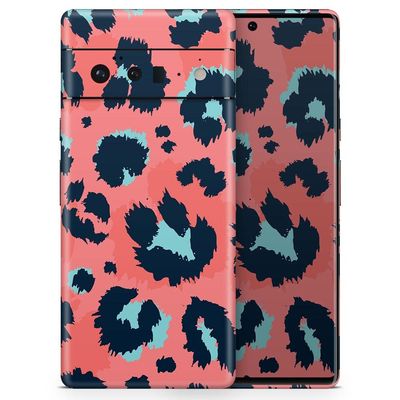 Design Skinz Leopard Coral and Teal V23 Full-Body Cover Wrap Decal Skin-Kit Compatible with Google Pixel 4 (Screen Trim & Back Skin)