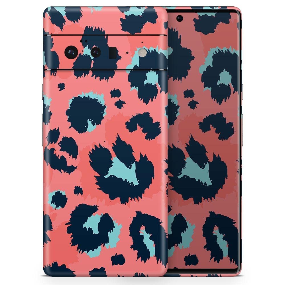 Design Skinz Leopard Coral and Teal V23 Full-Body Cover Wrap Decal Skin-Kit Compatible with Google Pixel 4 (Screen Trim & Back Skin)