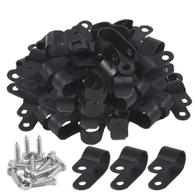 Keadic 120 Pieces 3/8 inch Black Nylon Cable Clamps with Stainless Steel Screws, R-Type Mounting Cord Fastener Wire Clamps for Wire Pipe Management