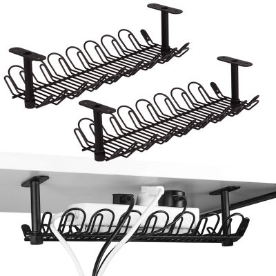 2 Packs Cable Management Tray, 14 inch Under Desk Cable Holder for Wire Management, Heavy Metal Cord Organizer Ideal for Computer Home Office Standing Tables to Hide Power Strips (Black)