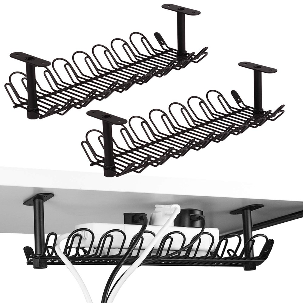 2 Packs Cable Management Tray, 14 inch Under Desk Cable Holder for Wire Management, Heavy Metal Cord Organizer Ideal for Computer Home Office Standing Tables to Hide Power Strips (Black)