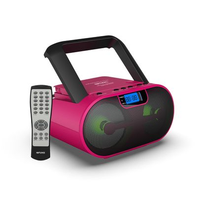 Riptunes Portable CD Player Boombox AM FM Radio, Bluetooth, USB, Aux-Input, MP3 CD Stereo Sound with Bass Boost, Party Lights, Headphone Jack, Backlit LCD Display, with Remote, Pink