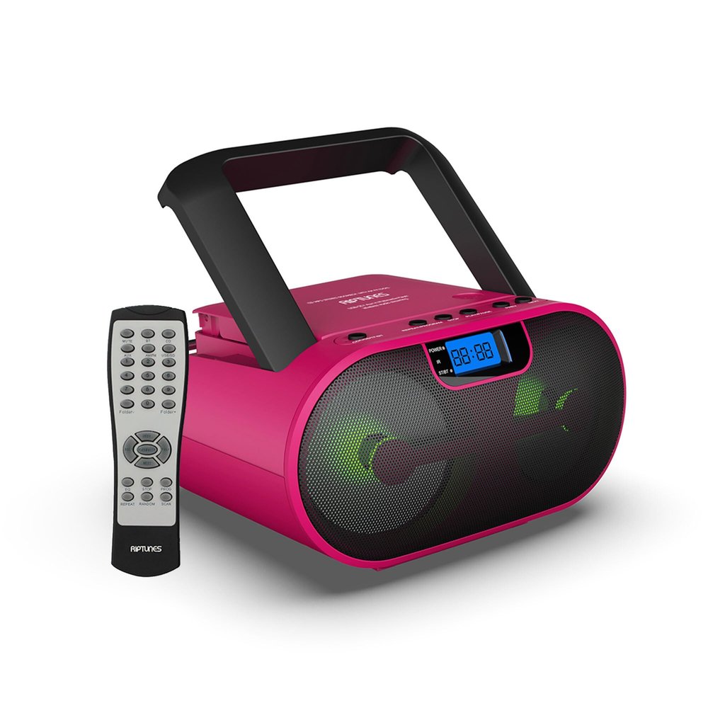 Riptunes Portable CD Player Boombox AM FM Radio, Bluetooth, USB, Aux-Input, MP3 CD Stereo Sound with Bass Boost, Party Lights, Headphone Jack, Backlit LCD Display, with Remote, Pink