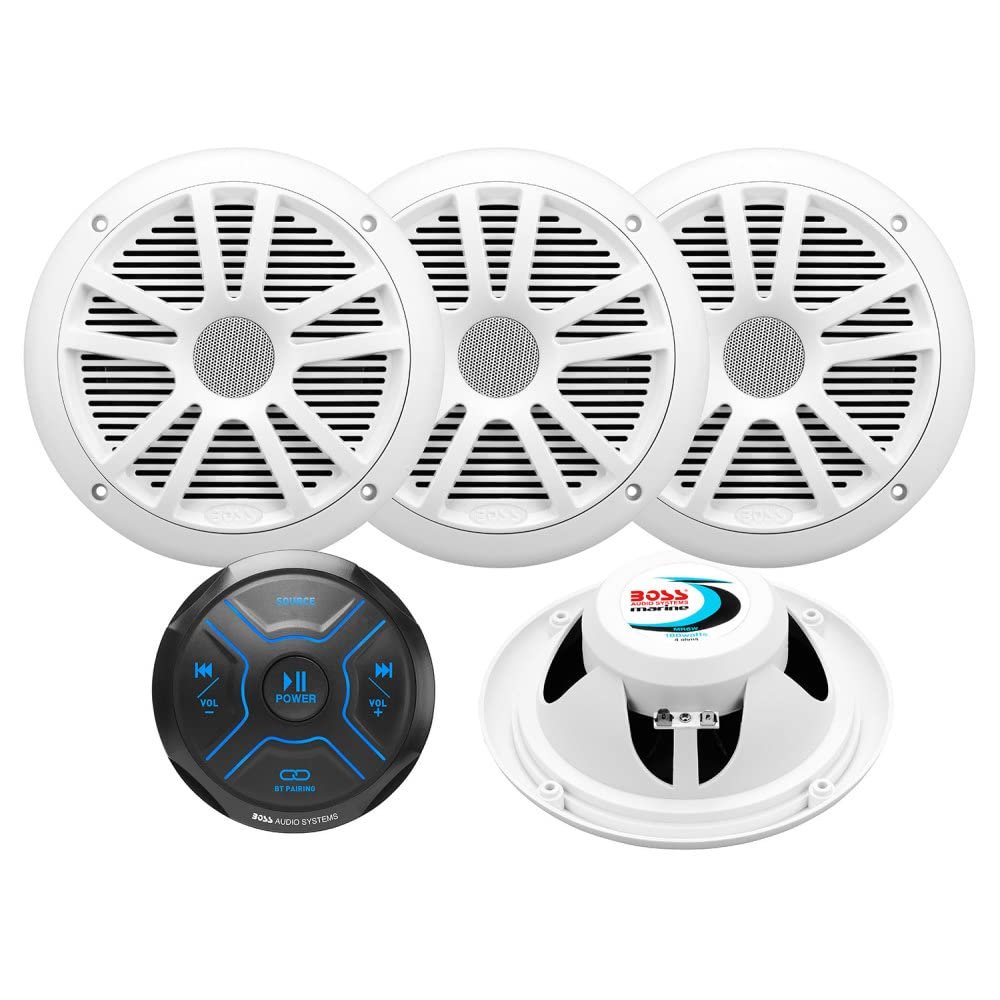 BOSS Audio Systems MG250W.64 Marine Radio and Speakers Package MGR250B 4 Channel Bluetooth Receiver + 4x MR6W 6.5 Inch Full Range Speakers