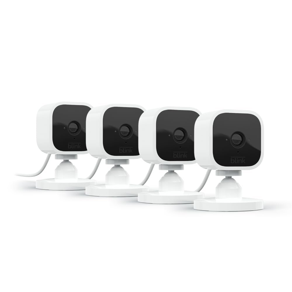 Blink Mini - Compact indoor plug-in smart security camera, 1080p HD video, night vision, motion detection, two-way audio, easy set up, Works with Alexa  4 cameras (White)