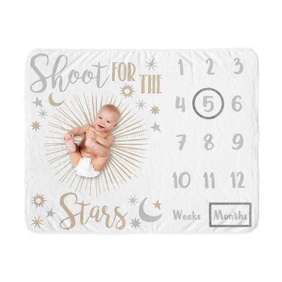 Sweet Jojo Designs Star and Moon Girl Milestone Blanket Monthly Newborn First Year Growth Mat Baby Shower Memory Keepsake Gift Picture - Gold and Grey Celestial Shoot for The Stars Space