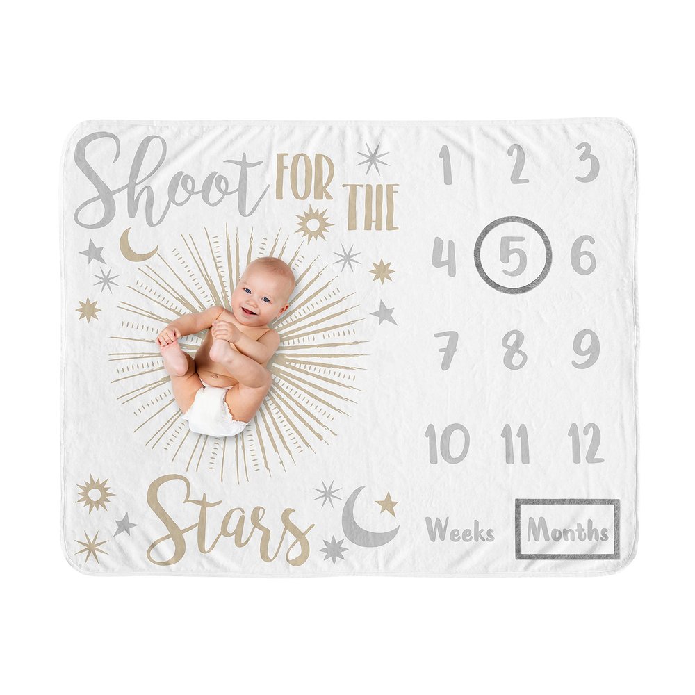 Sweet Jojo Designs Star and Moon Girl Milestone Blanket Monthly Newborn First Year Growth Mat Baby Shower Memory Keepsake Gift Picture - Gold and Grey Celestial Shoot for The Stars Space