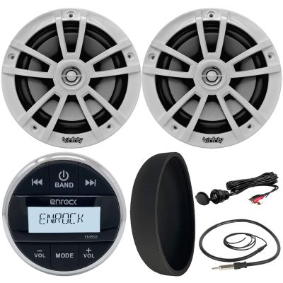 Enrock Stereo Speakers Combo: Bluetooth Gauge Style Marine Boat Cycle Digital Media Bluetooth Receiver + Pair 622MW 6.5" 2-Way Water Resistant Coaxial Speakers + USB Mount + 22" Radio Antenna + Cover