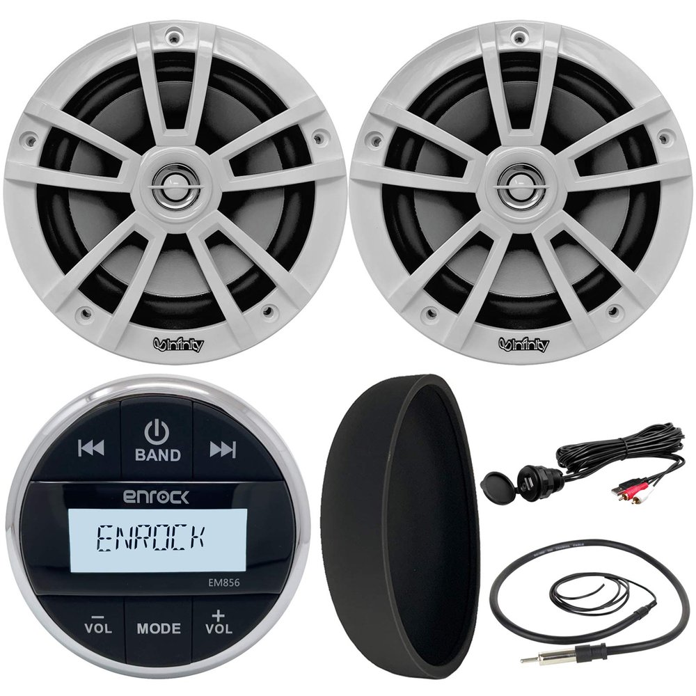 Enrock Stereo Speakers Combo: Bluetooth Gauge Style Marine Boat Cycle Digital Media Bluetooth Receiver + Pair 622MW 6.5" 2-Way Water Resistant Coaxial Speakers + USB Mount + 22" Radio Antenna + Cover