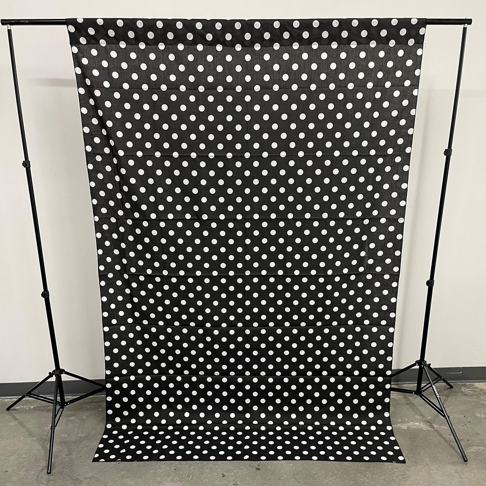 New Creations Fabric & Foam Inc, Poly Cotton Polka Dot Decorative Backdrop Drape Curtain Divider, 1 Panel Per Order (White Dot on Black, 58" Wide x 120" High)