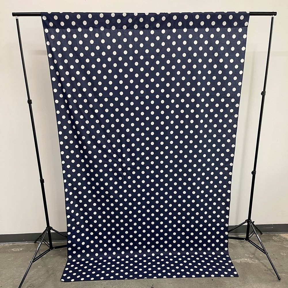 New Creations Fabric & Foam Inc, Poly Cotton Polka Dot Decorative Backdrop Drape Curtain Divider, 1 Panel Per Order (White Dot on Navy Blue, 58" Wide x 120" High)