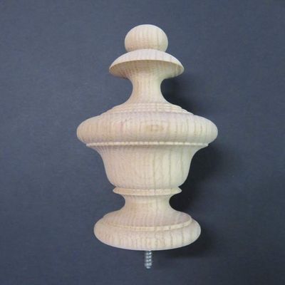 Large Wood Urn Style Finial. Oak Maple Cherry Mahogany 6 1/4 H x 3 1/4 W x 2 1/4 Base. #29 (Red Oak)