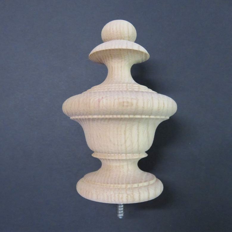Large Wood Urn Style Finial. Oak Maple Cherry Mahogany 6 1/4 H x 3 1/4 W x 2 1/4 Base. #29 (Red Oak)