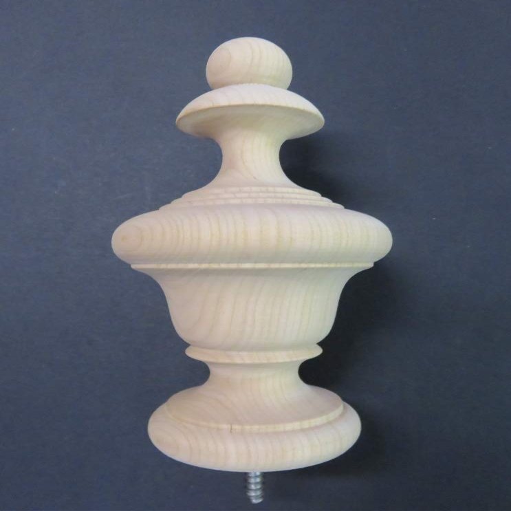 Large Wood Urn Style Finial. Oak Maple Cherry Mahogany 6 1/4 H x 3 1/4 W x 2 1/4 Base. #29 (Cherry)
