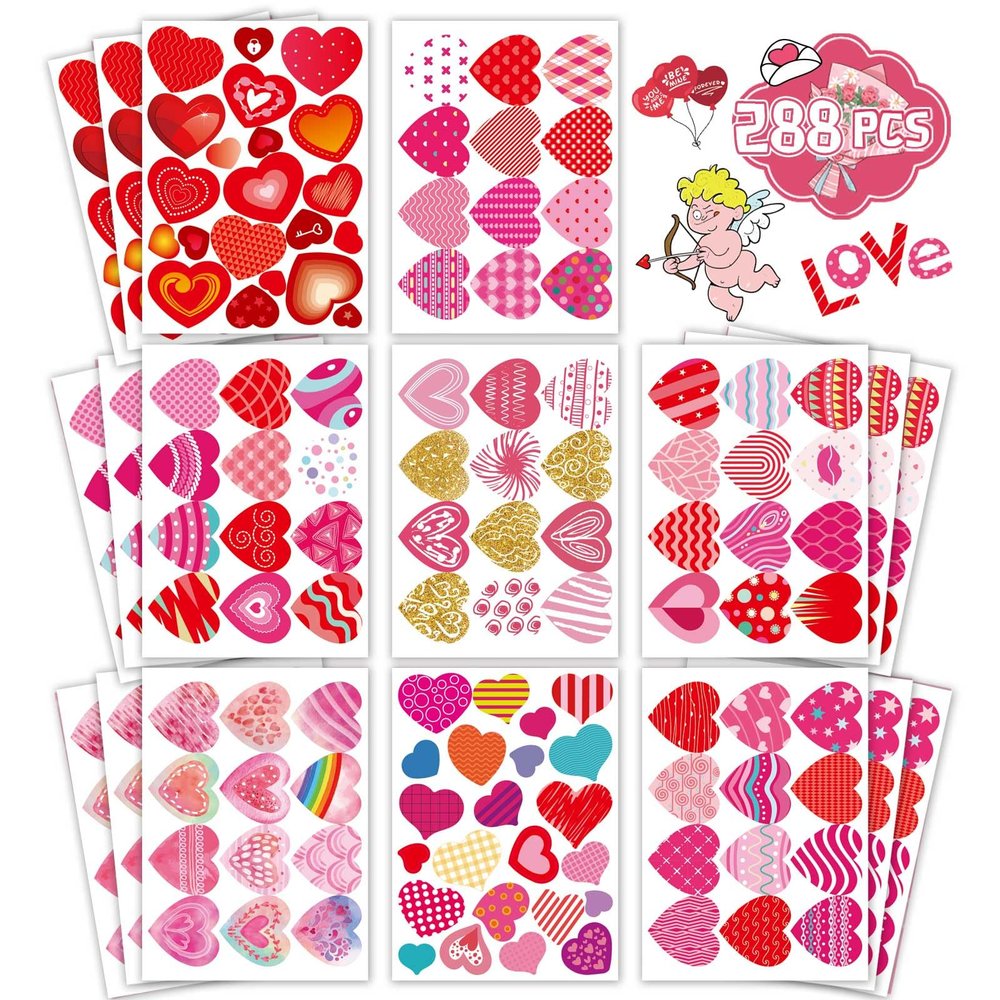 Heart Stickers,Valentines Stickers,Heart Stickers for Kids,Valentines Stickers,Valentine's Day Stickers for Kids,Face,Envelope and Gifts(288pcs)