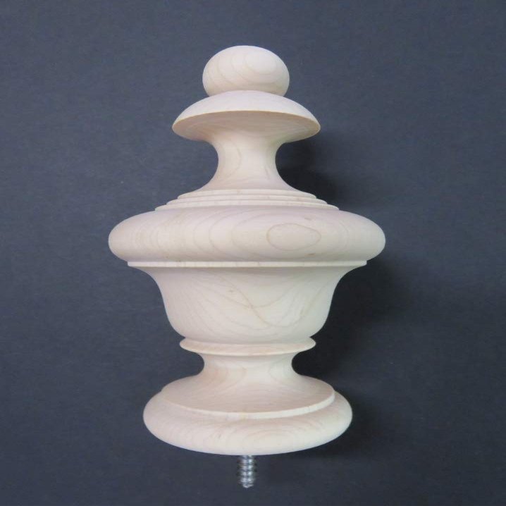 Large Wood Urn Style Finial. Oak Maple Cherry Mahogany 6 1/4 H x 3 1/4 W x 2 1/4 Base. #29 (Hard Maple)