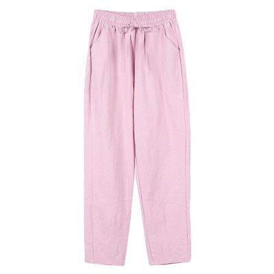 Andongnywell Womens Casual Cotton Linen Straight Leg Pants Loose Drawstring Elastic Waist Harem Pant with Pockets (Pink,XX-Large)