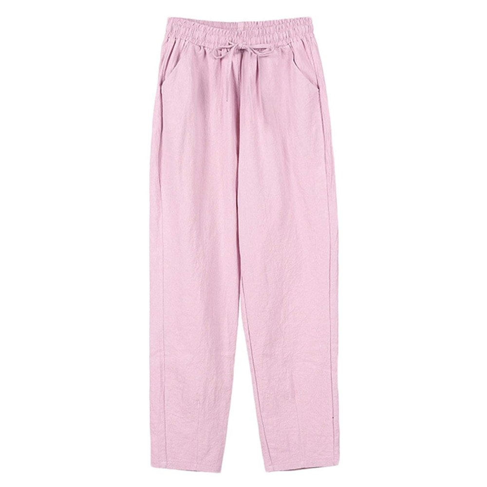 Andongnywell Womens Casual Cotton Linen Straight Leg Pants Loose Drawstring Elastic Waist Harem Pant with Pockets (Pink,XX-Large)