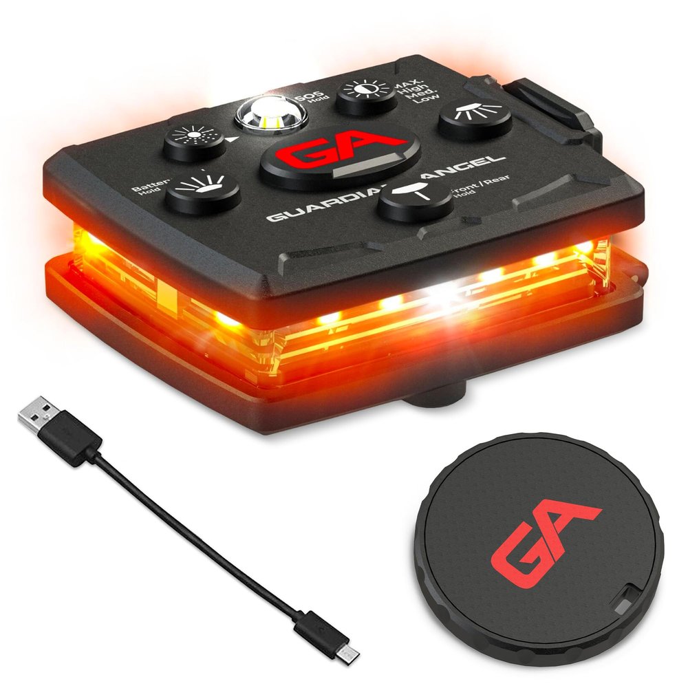 Guardian Angel Micro Series Safety Lights, Beacon Device (Orange Front & Orange Rear) | Rechargeable, Magnetic, Hands-Free Wearable LED Light for Dog Walking, Cycling, Hiking & Camping