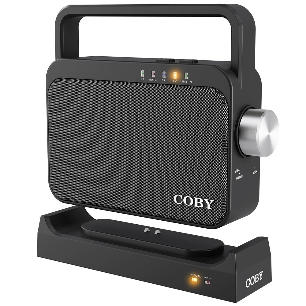 Coby Wireless TV Speaker for Seniors & Hard of Hearing Portable TV Audio Amplifier with Bluetooth, 100ft Range, 8-Hour Playback, Stereo Sound, Optical/AUX Input, Hearing Assistance for Smart TVs