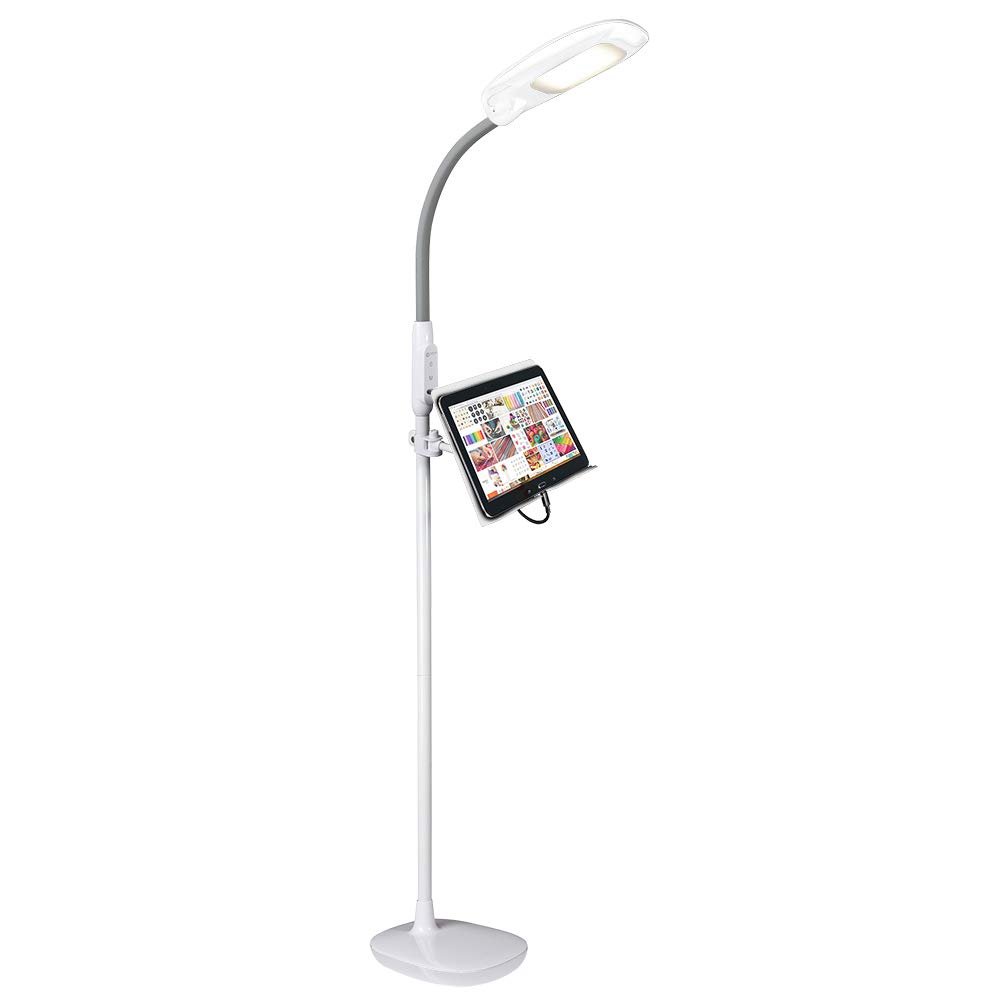 OttLite LED Floor Lamp with USB Port & Tablet Stand Modern White Design, ClearSun LED Standing Light, USB Charger, Touch Activated Controls, for Crafting, Reading, Work