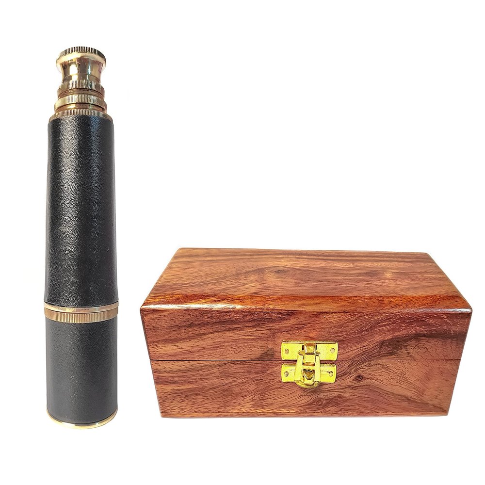 A.A.Nauticals - Telescope Brass Spyglass Pirate Monocular Telescope with Wood Box, Pocket Telescope, Collapsible, for Travel Hiking Hunting (14 inches, Golden, Dual Focal Lens, 15X)