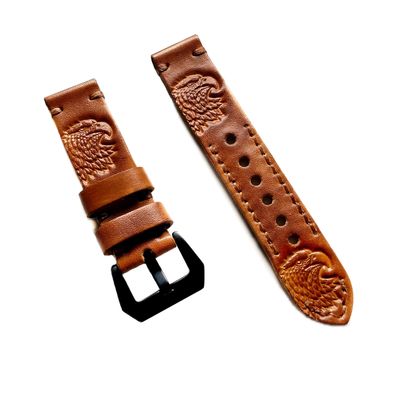 NICKSTON Embossed Eagle Head Looking Right Genuine Leather Band Compatible with Fitbit Versa 3 and Sense Smartwatch Brown Bracelet Strap (4. Gold Color Smooth Buckle, For Versa 3)