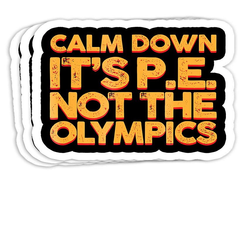 Calm Down It's PE Physical Education Gift Decorations - 4x3 Vinyl Stickers, Laptop Decal, Water Bottle Sticker (Set of 3)