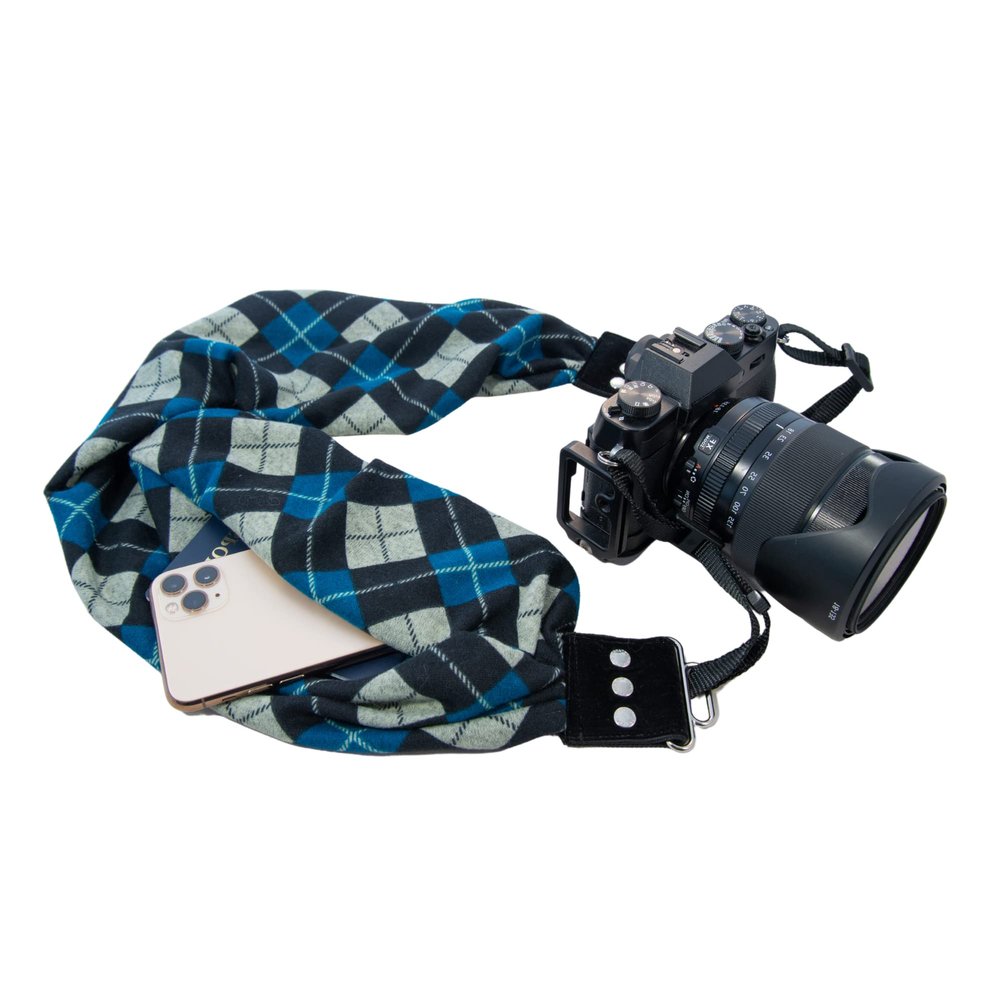 Capturing Couture Scarf Camera Strap with Hidden Pocket, Joey Blue - Zipper Pocket Size: 6.5" w x 4" d, Stretch Material
